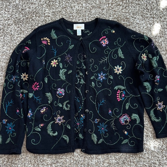 Talbots Sweaters - Vintage Talbots Black Sweater with Stunning Floral Embroidery & Beading! Size M